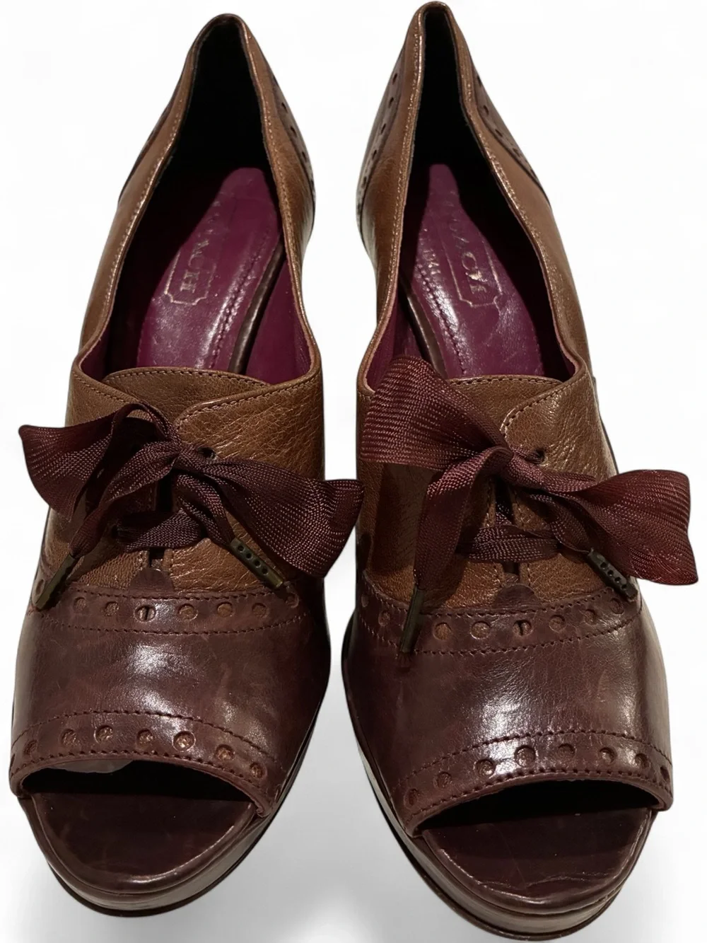 Vintage Coach Claudine leather peep toe lace front spectator heels. 7.5